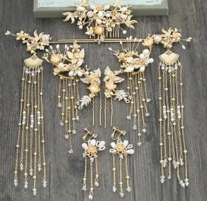 Luxury Chinese Bridal Headband Costume Gold Fan Hairpin Pearls Wedding Crown Long Tassel