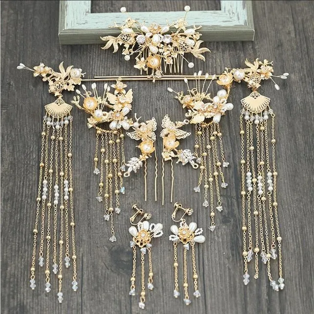 Luxury Chinese Bridal Headband Costume Gold Fan Hairpin Pearls Wedding Crown Long Tassel