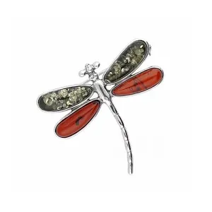 MILENA Brooch Silver and Baltic Amber Multicolor Dragonfly
