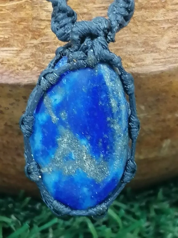 Natural Lapis Lazouli Handmade Wrapped Macrame Necklace - Healing Stone - Gift Idea - Protection
