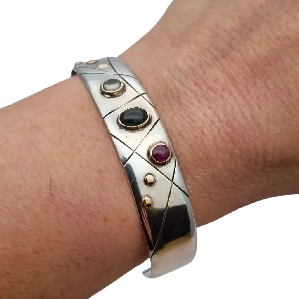 Natural stone bracelet and ring, sterling silver, ruby, sapphire, moonstone.
