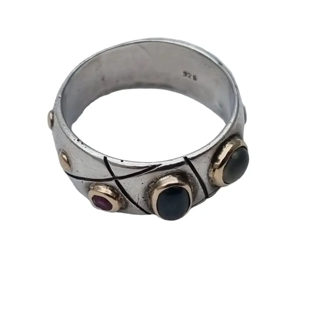 Natural stone bracelet and ring, sterling silver, ruby, sapphire, moonstone.