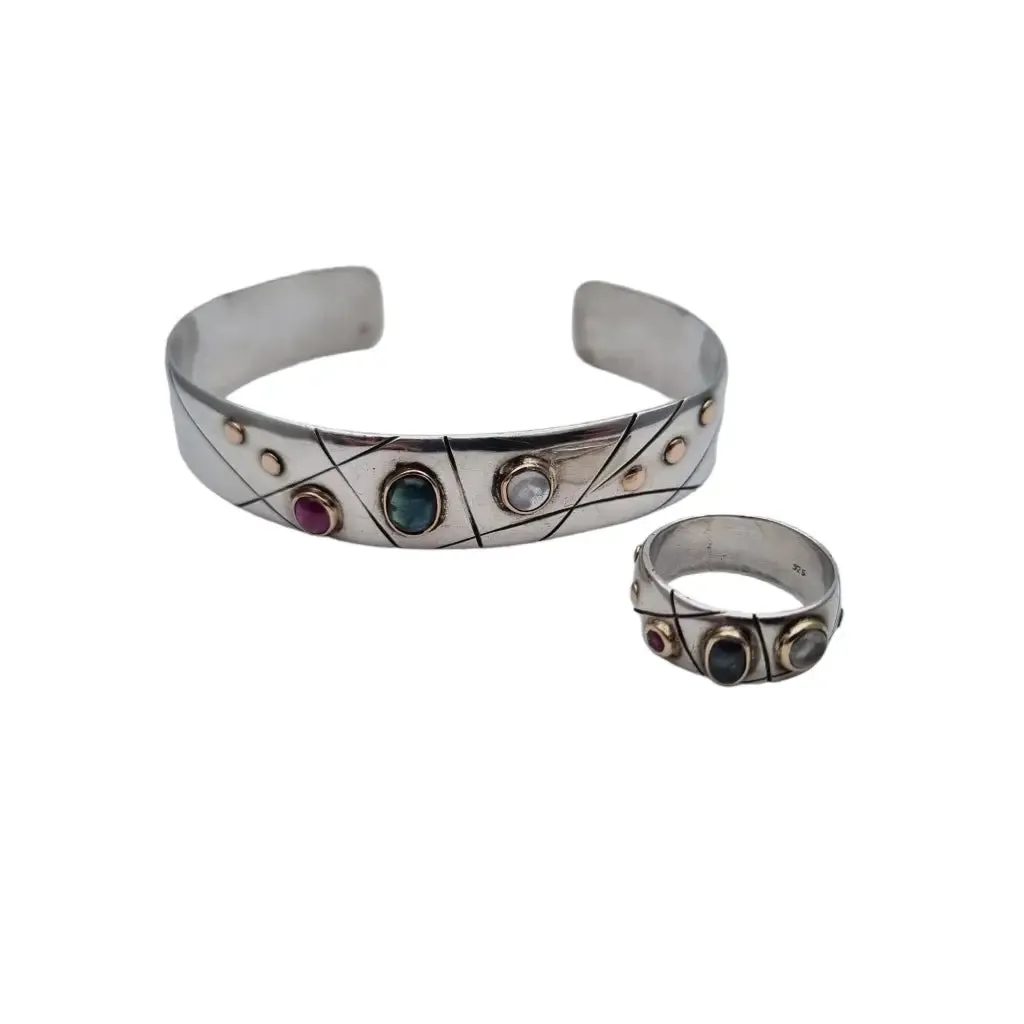 Natural stone bracelet and ring, sterling silver, ruby, sapphire, moonstone.