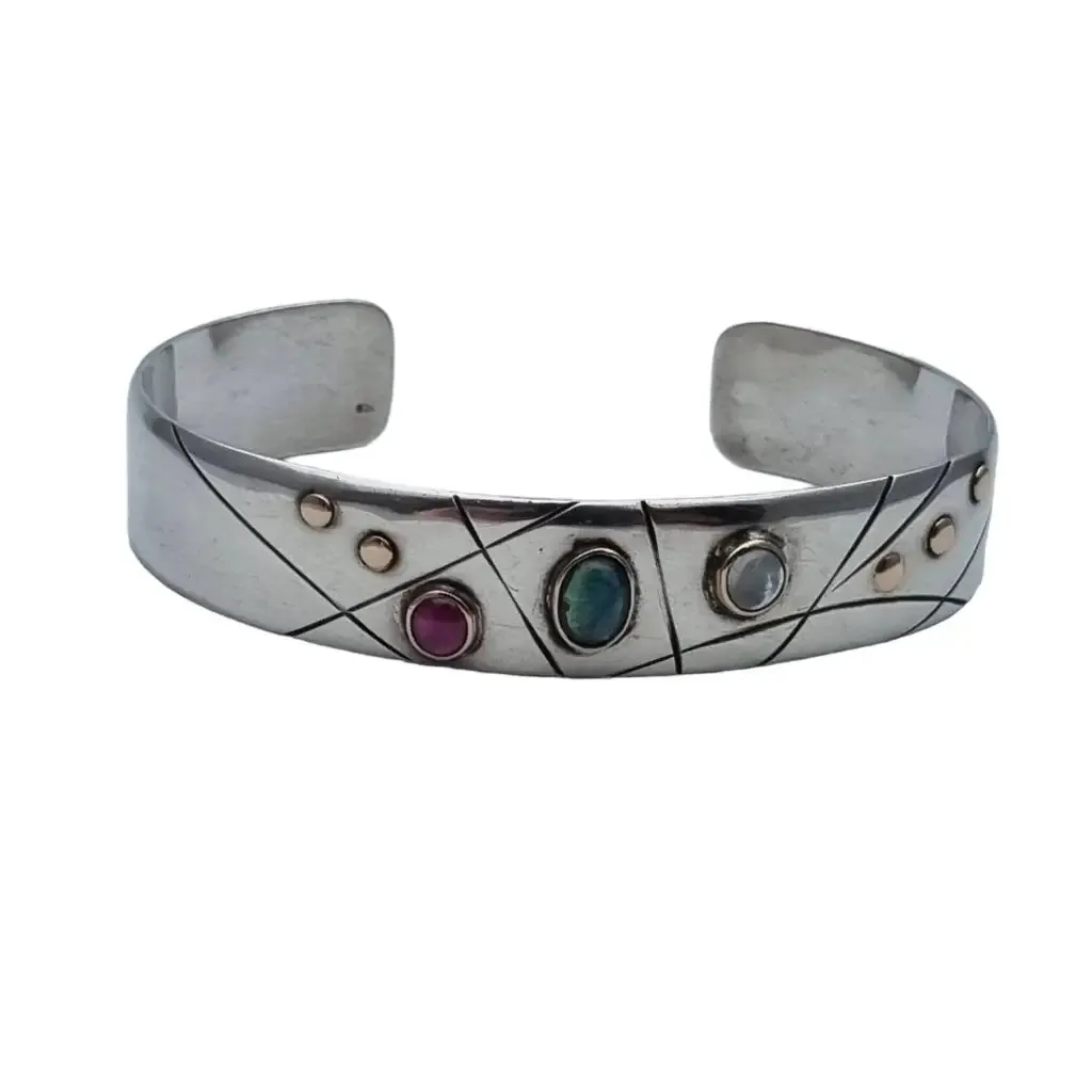 Natural stone bracelet and ring, sterling silver, ruby, sapphire, moonstone.