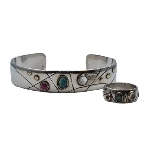 Natural stone bracelet and ring, sterling silver, ruby, sapphire, moonstone.
