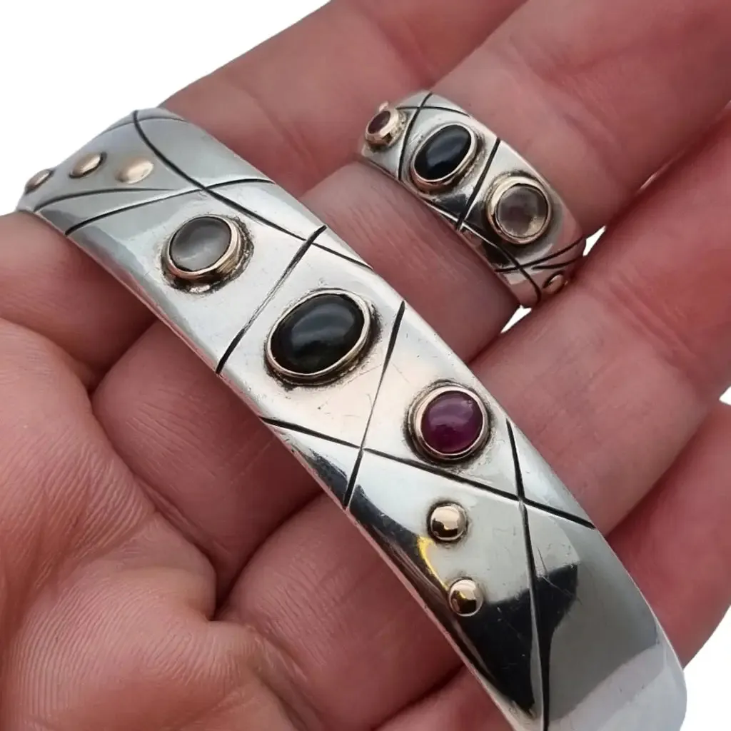 Natural stone bracelet and ring, sterling silver, ruby, sapphire, moonstone.