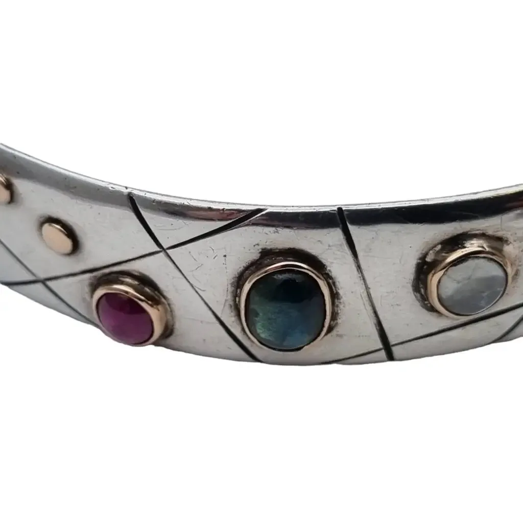 Natural stone bracelet and ring, sterling silver, ruby, sapphire, moonstone.
