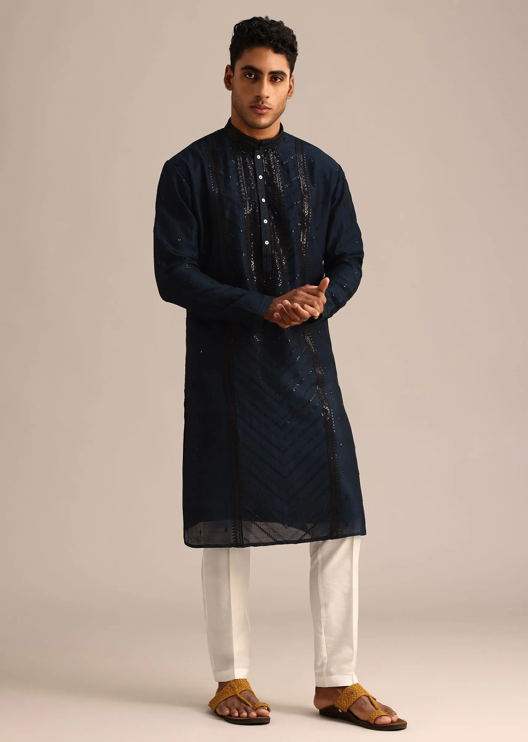 Navy Blue Sequin Work Silk Kurta Set