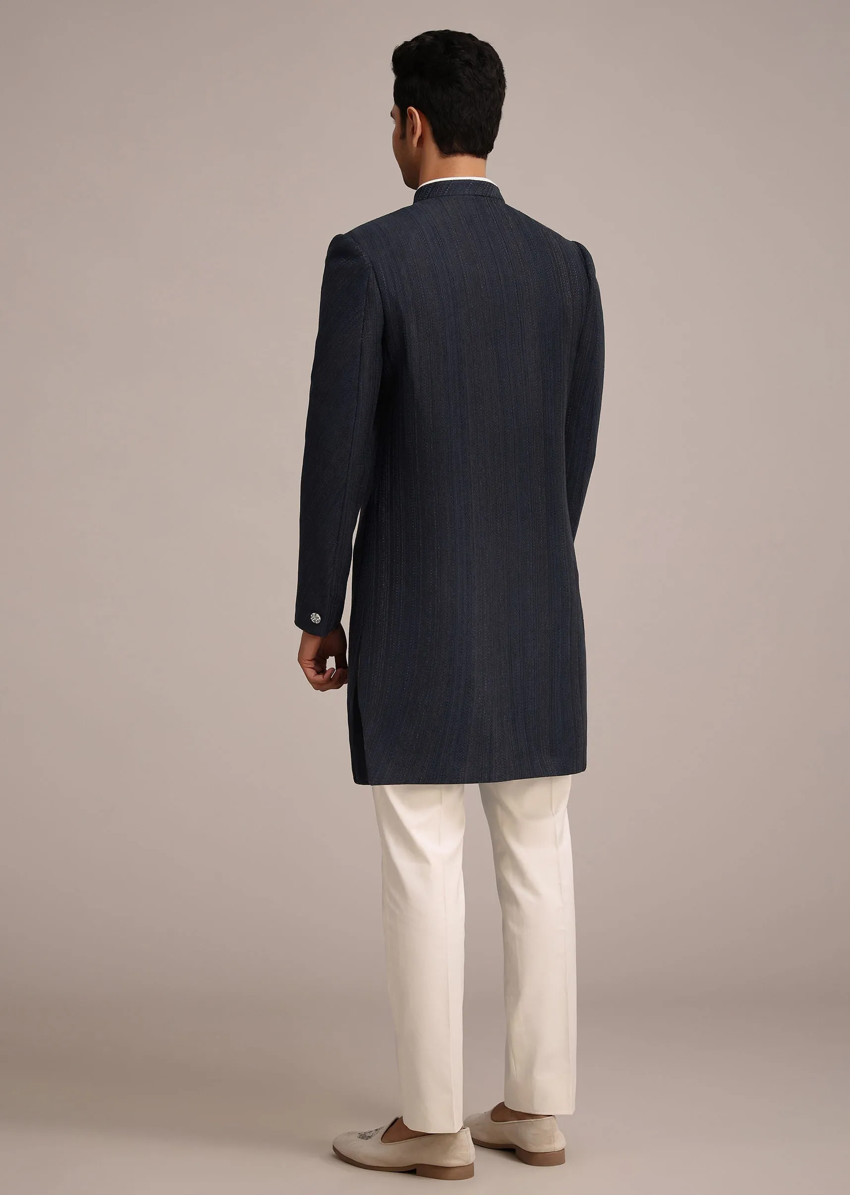 Navy Blue Sherwani Set In Silk