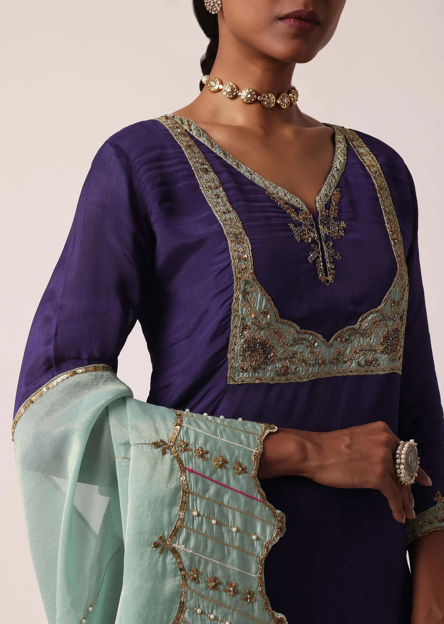 Navy Blue Silk Sharara Set With Zari Embroidery