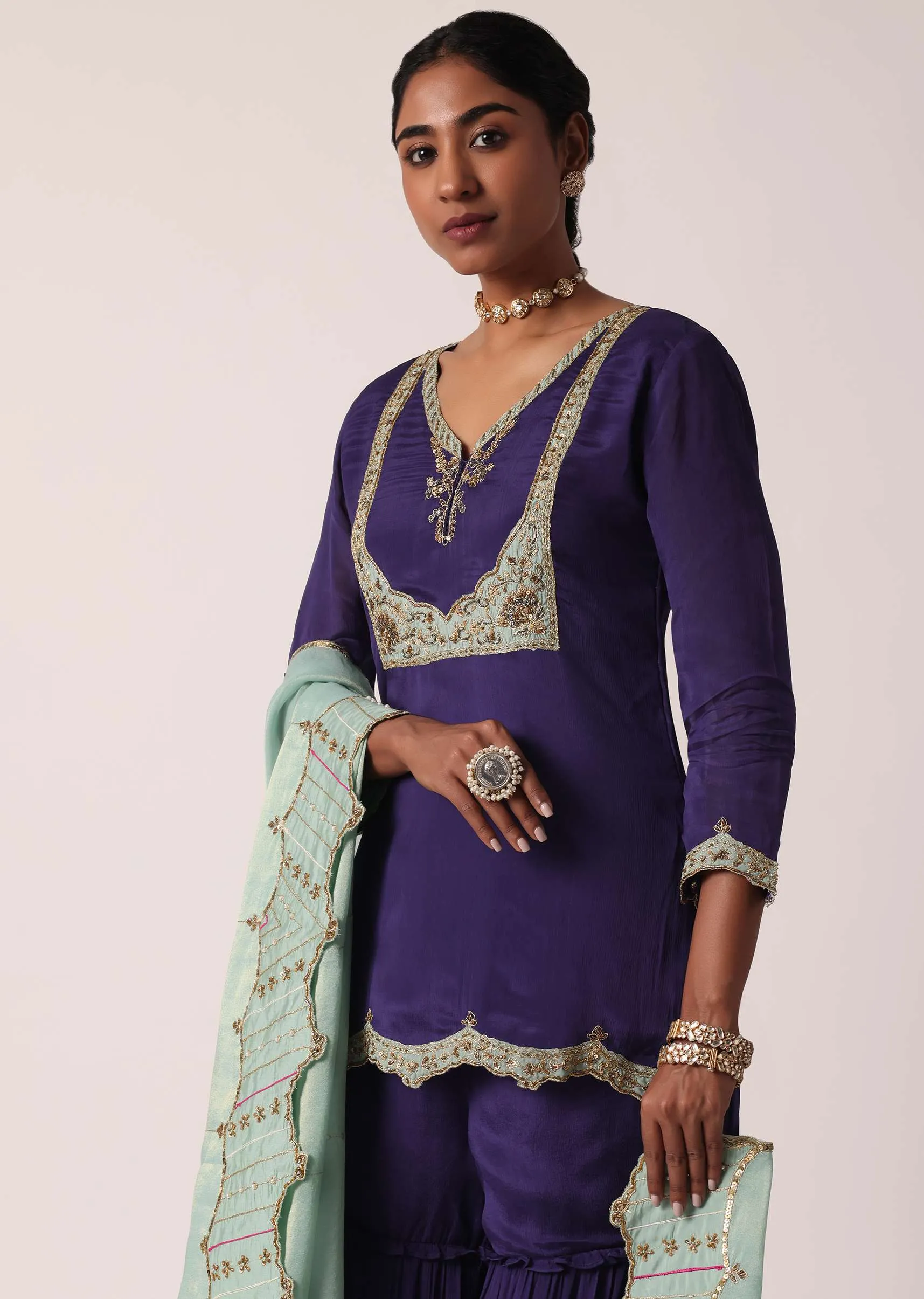 Navy Blue Silk Sharara Set With Zari Embroidery