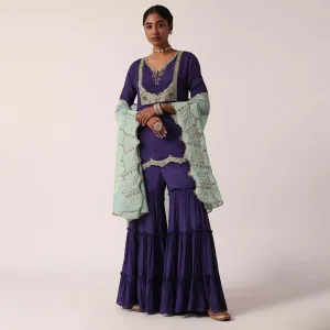 Navy Blue Silk Sharara Set With Zari Embroidery