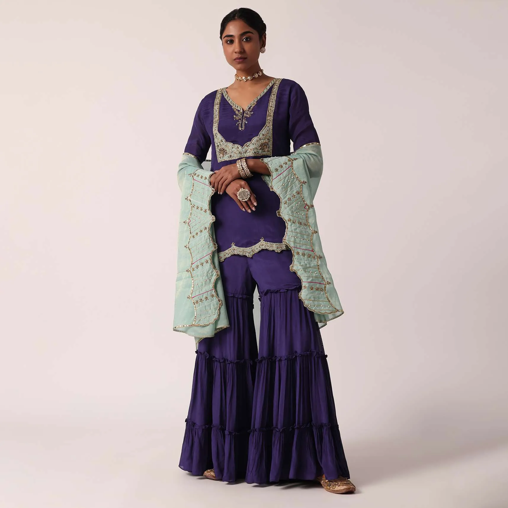 Navy Blue Silk Sharara Set With Zari Embroidery