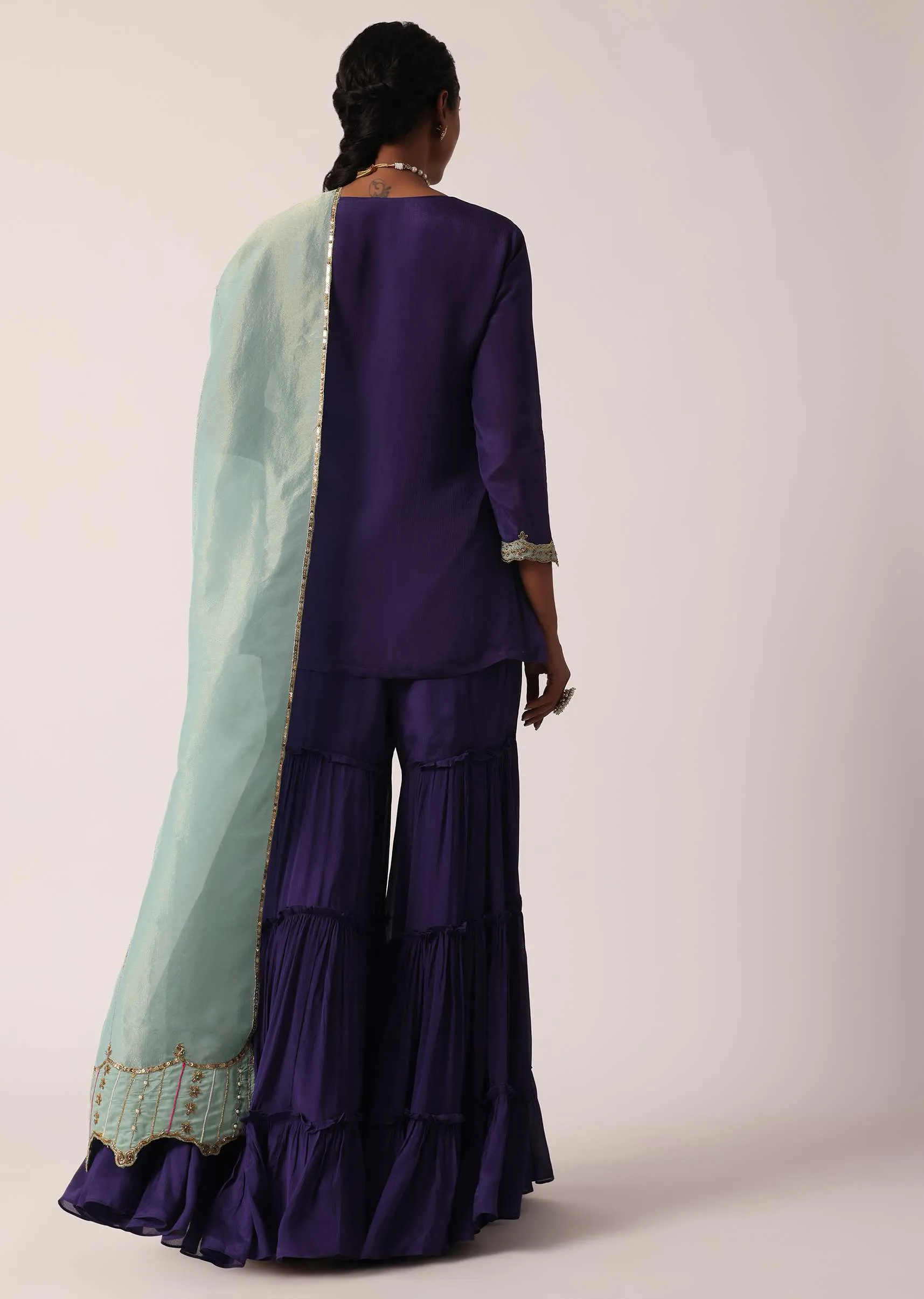 Navy Blue Silk Sharara Set With Zari Embroidery