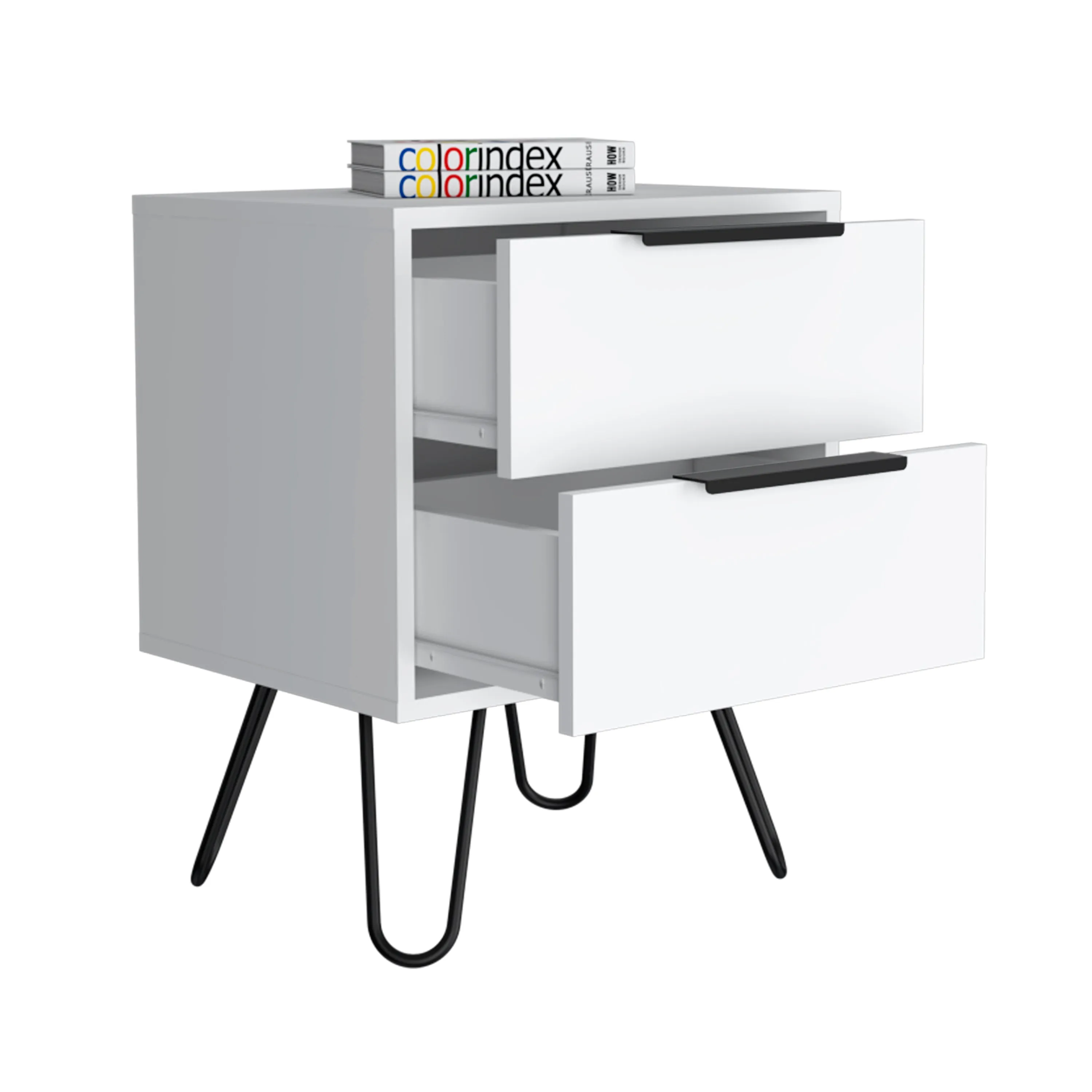 Nightstand 22" H, four hairpin legs, two drawers, white