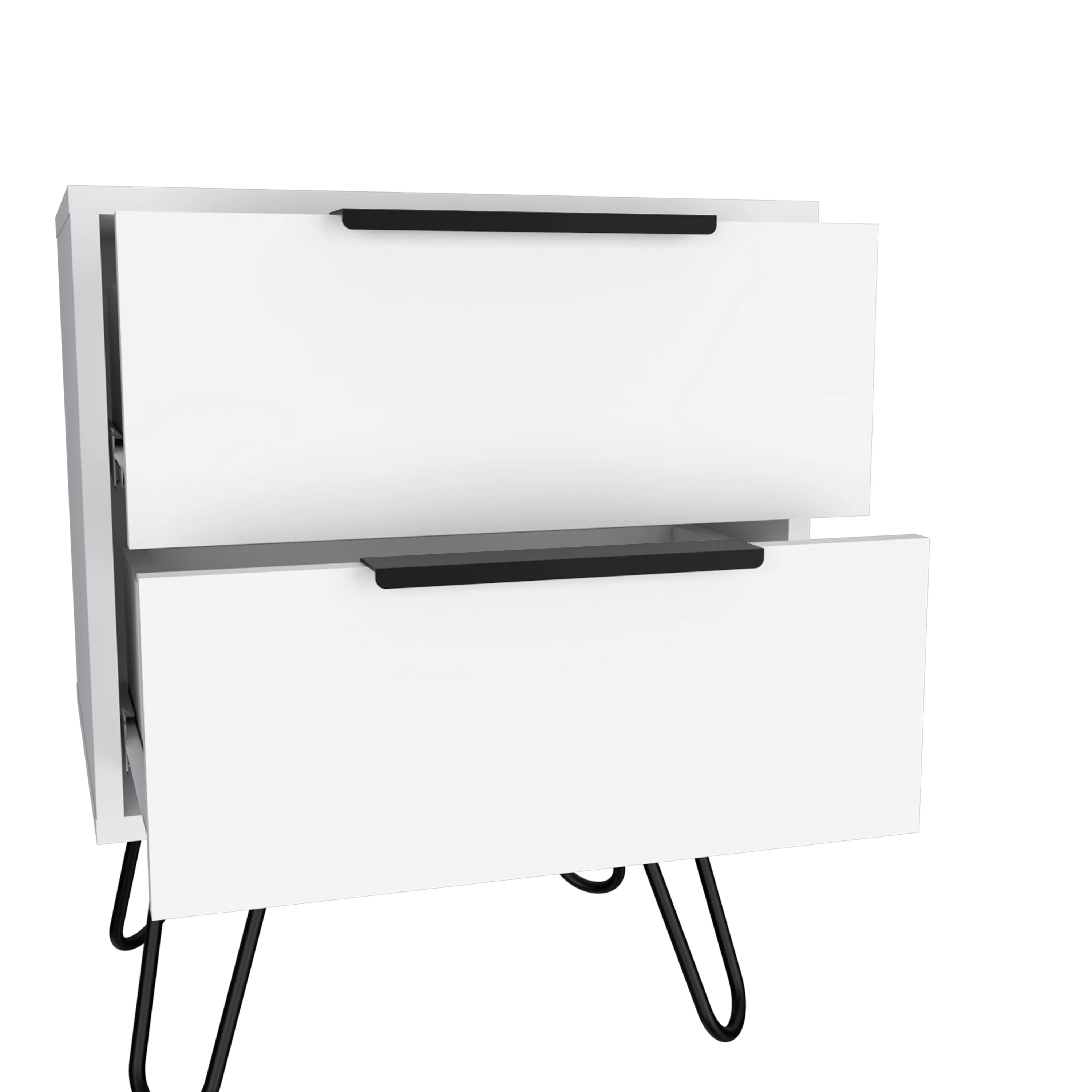 Nightstand 22" H, four hairpin legs, two drawers, white