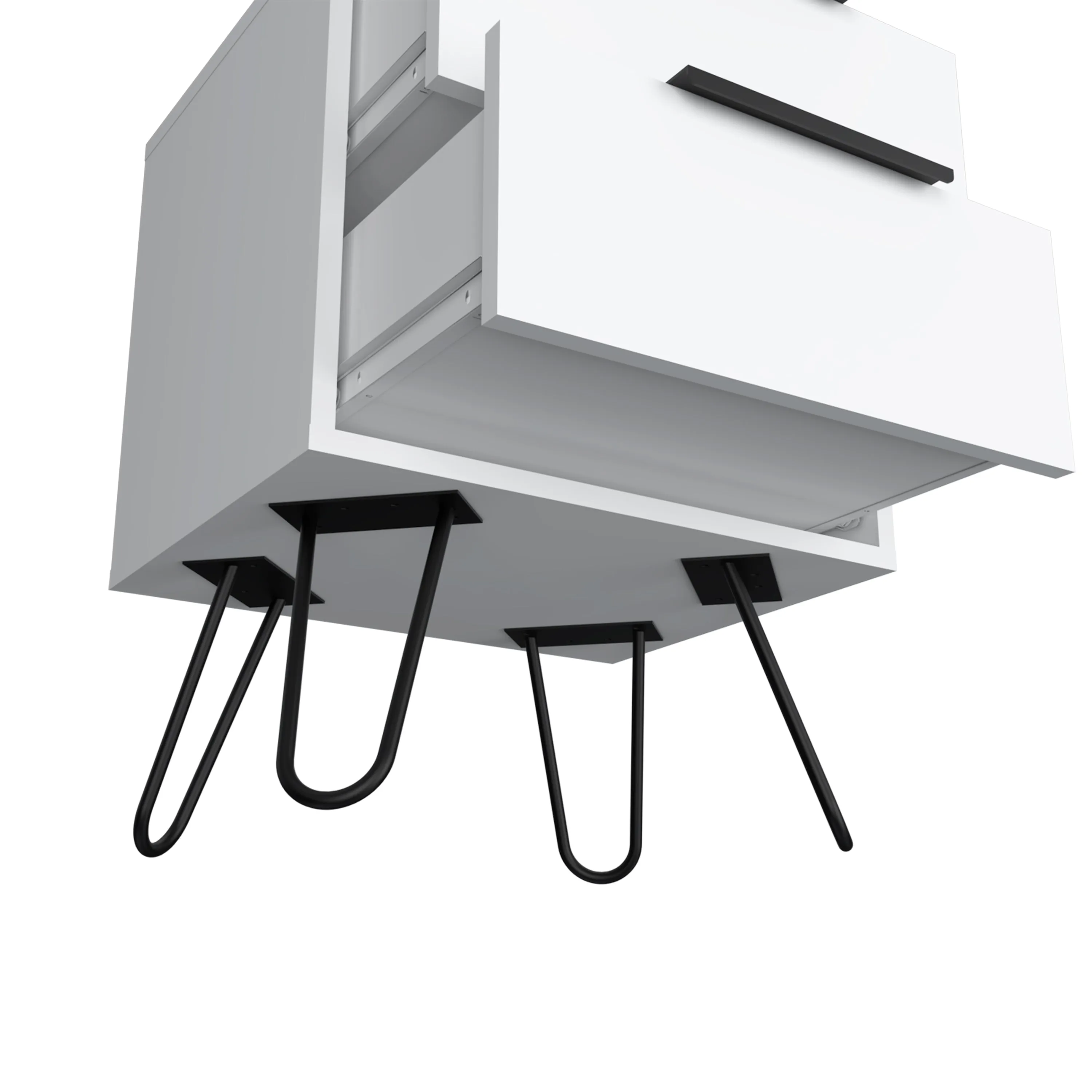 Nightstand 22" H, four hairpin legs, two drawers, white