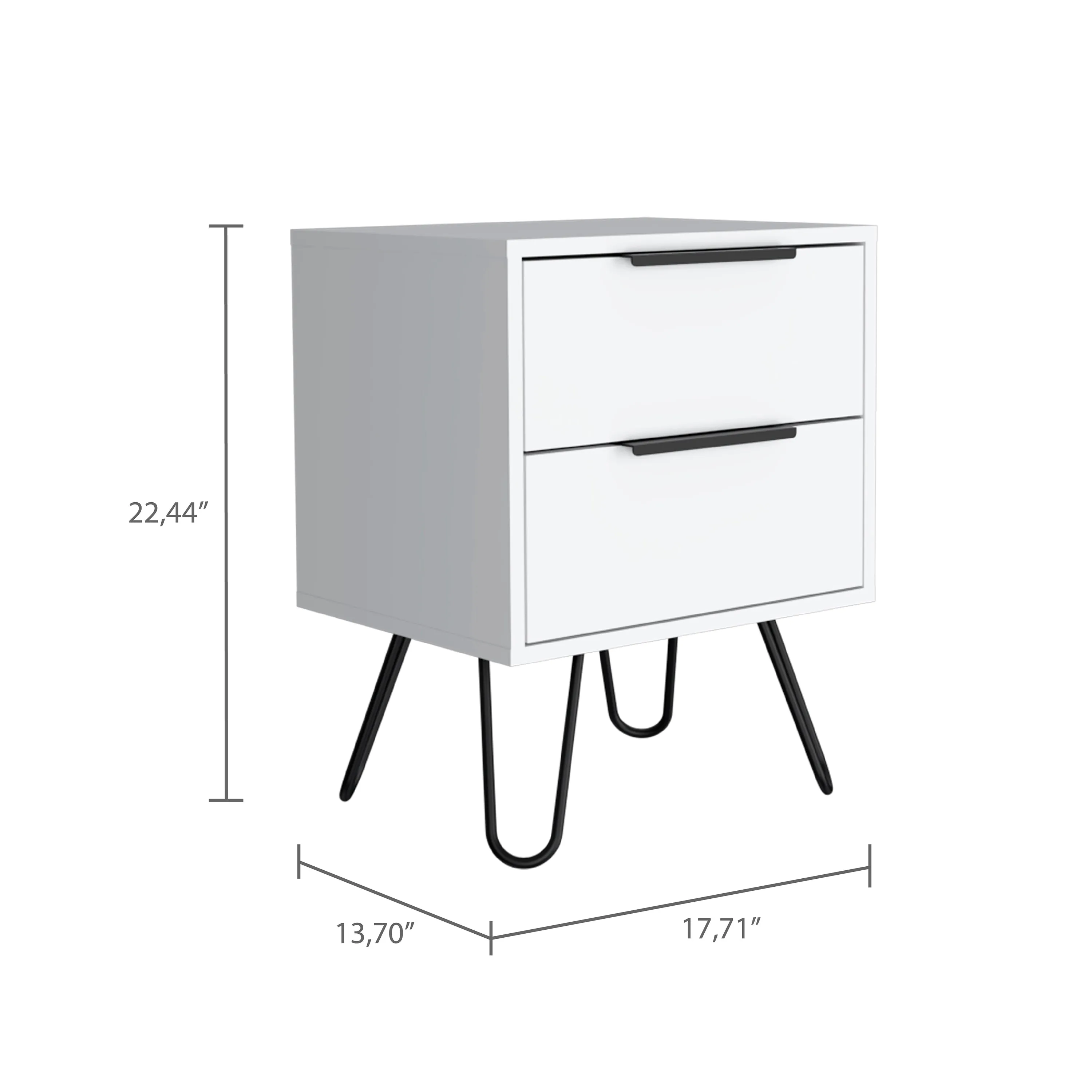 Nightstand 22" H, four hairpin legs, two drawers, white