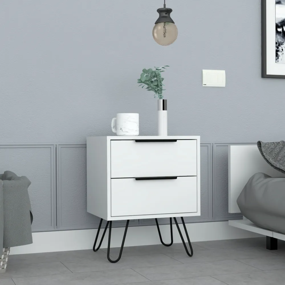 Nightstand 22" H, four hairpin legs, two drawers, white