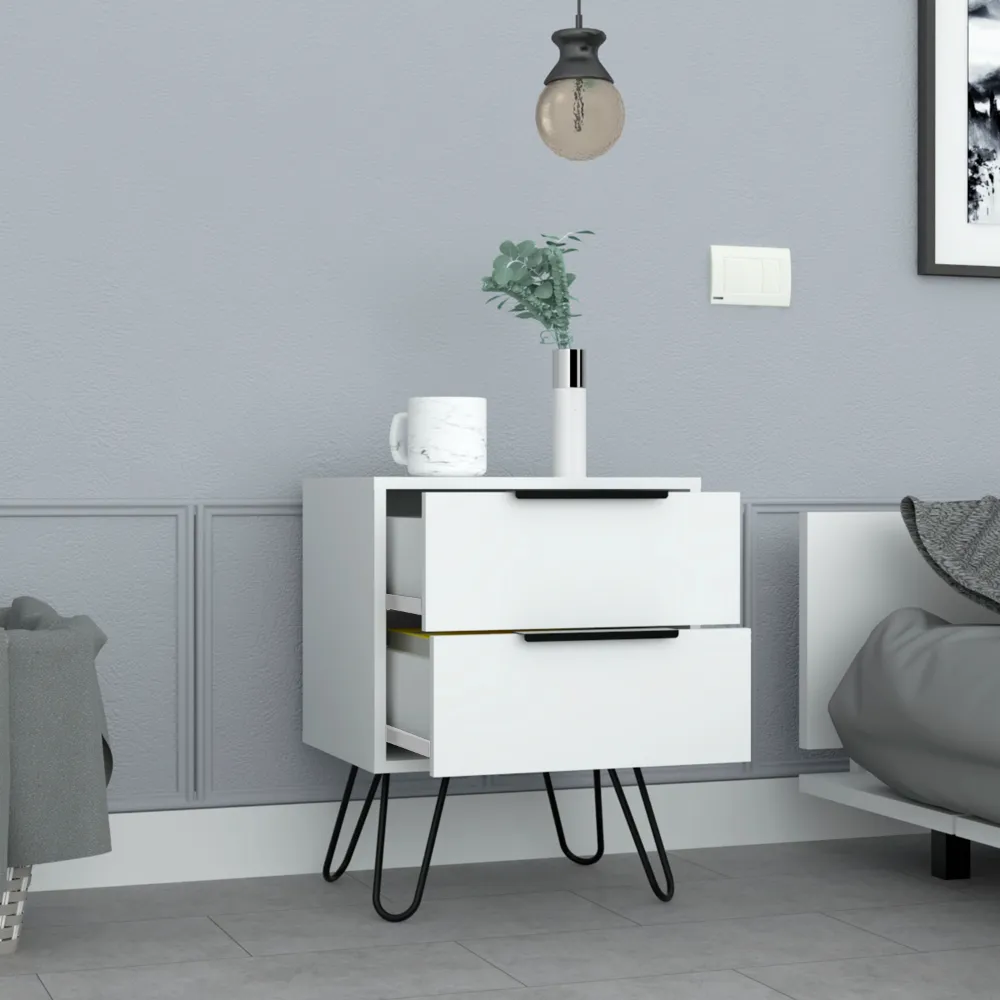 Nightstand 22" H, four hairpin legs, two drawers, white