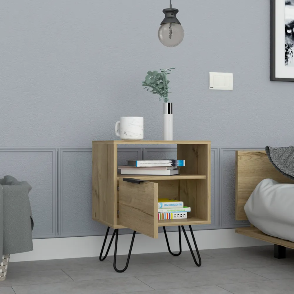 Nightstand 22"H, One Open Shelf, Single Door Cabient, Hairpin Legs, Light Oak