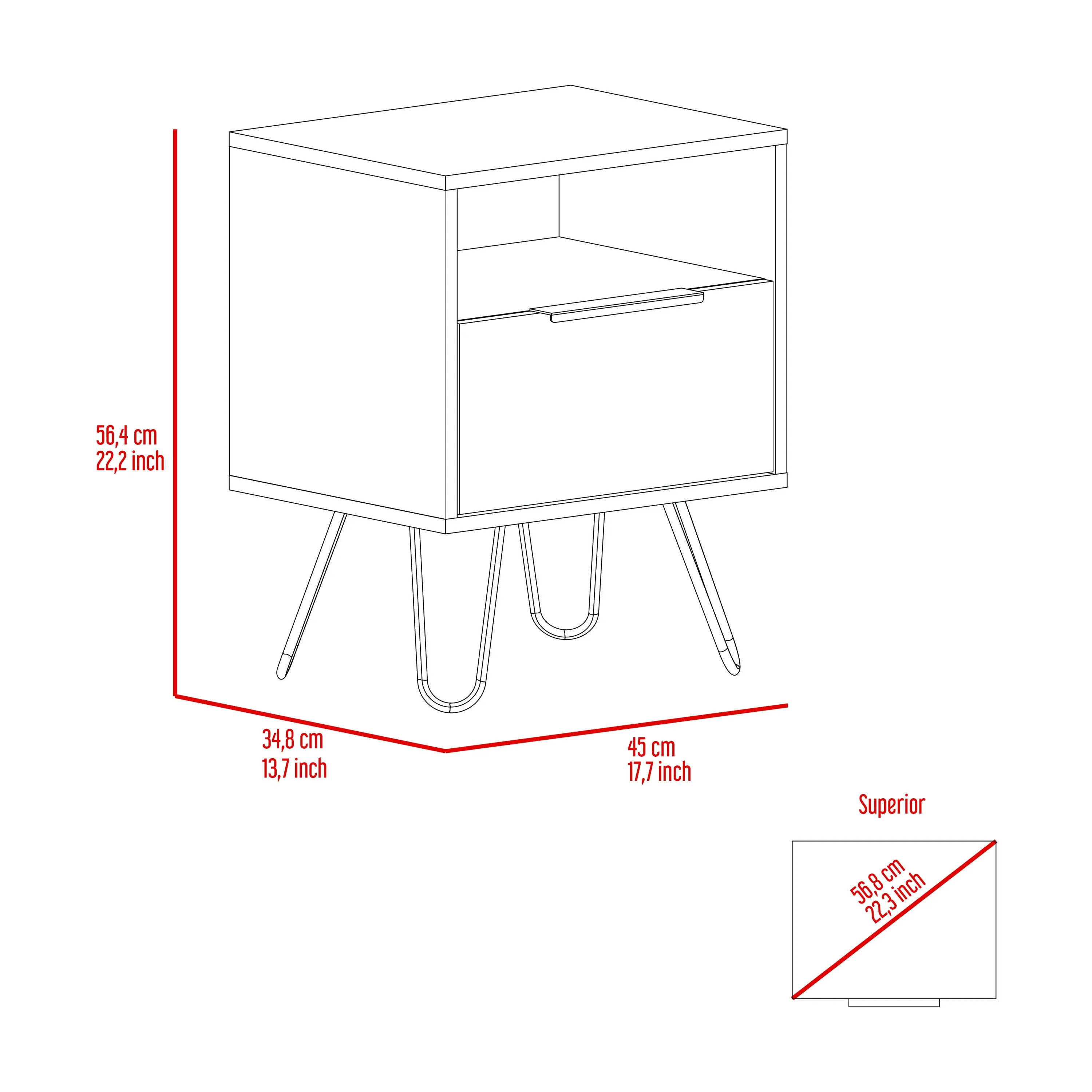 Nightstand 22"H, One Open Shelf, Single Door Cabient, Hairpin Legs, Light Oak