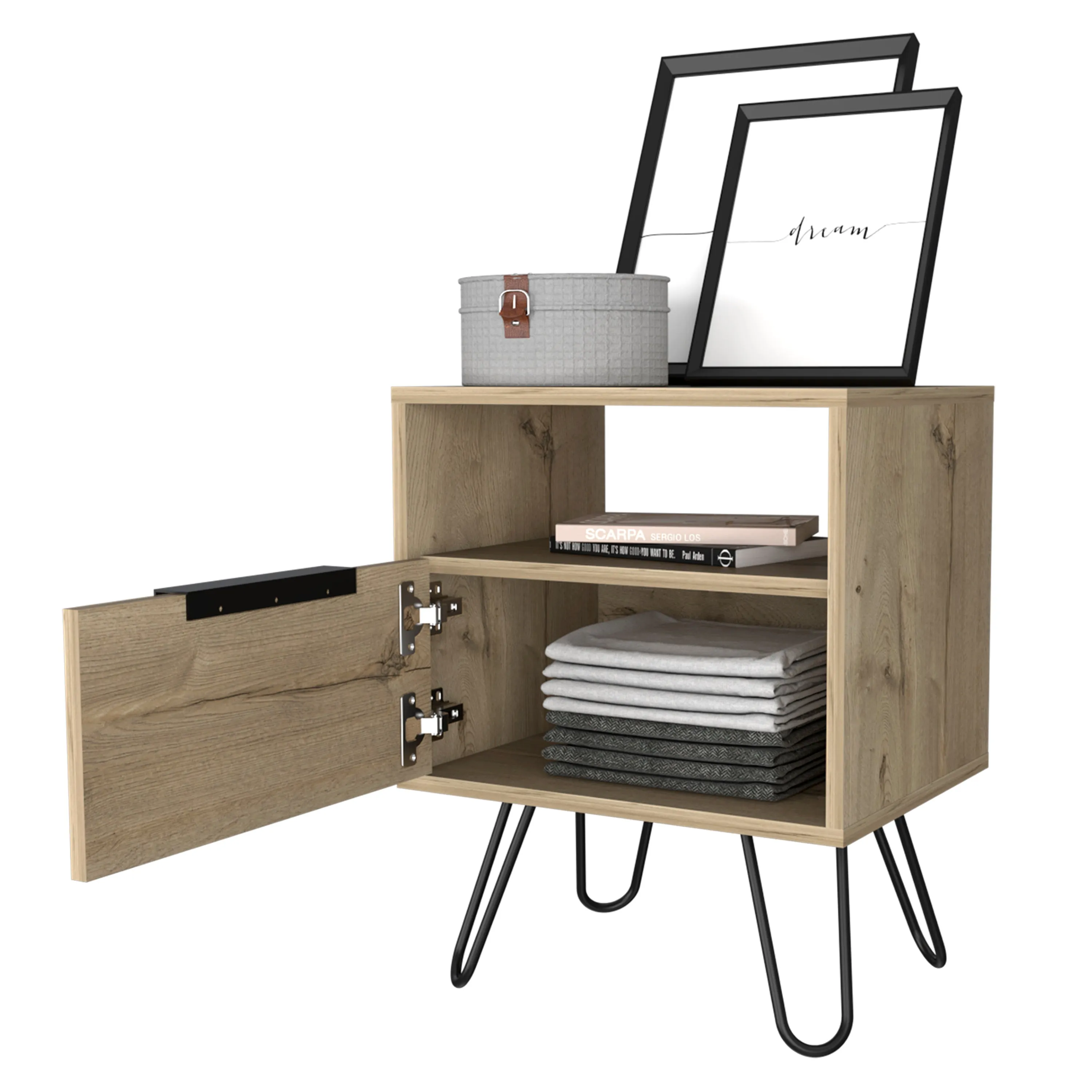 Nightstand 22"H, One Open Shelf, Single Door Cabient, Hairpin Legs, Light Oak