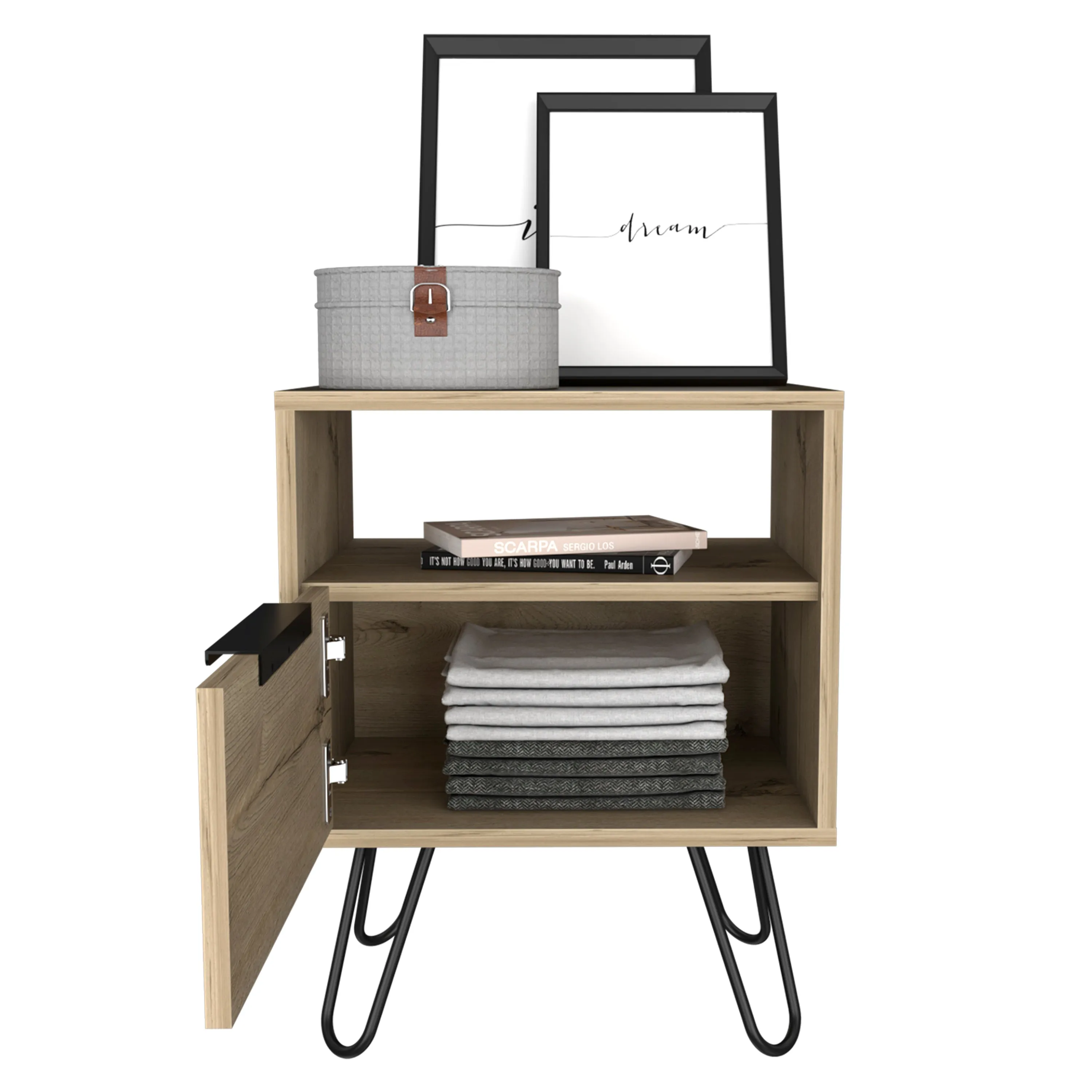 Nightstand 22"H, One Open Shelf, Single Door Cabient, Hairpin Legs, Light Oak