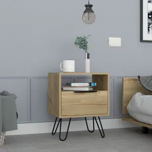 Nightstand 22"H, One Open Shelf, Single Door Cabient, Hairpin Legs, Light Oak