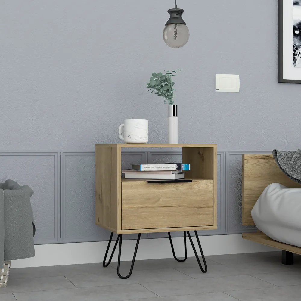 Nightstand 22"H, One Open Shelf, Single Door Cabient, Hairpin Legs, Light Oak