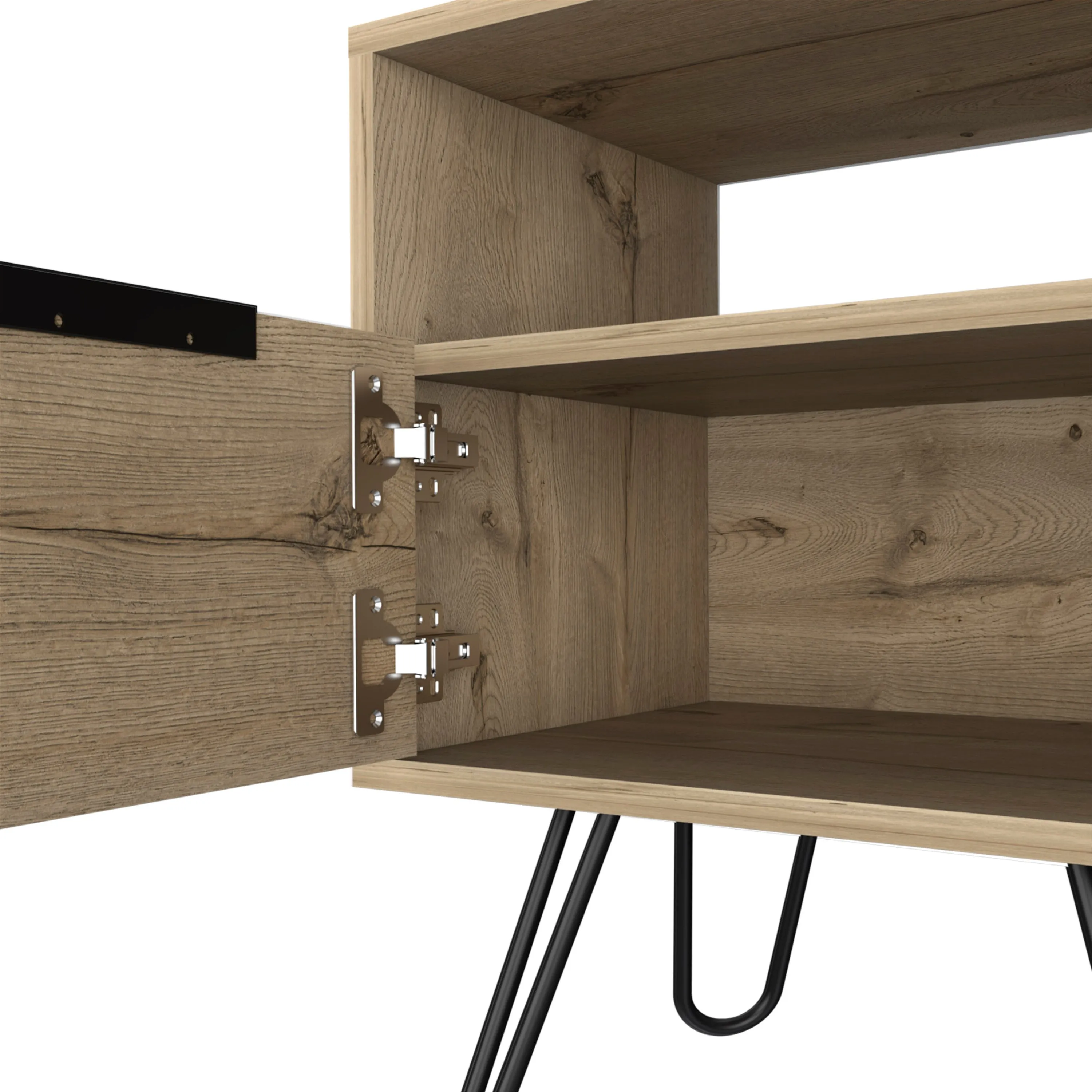 Nightstand 22"H, One Open Shelf, Single Door Cabient, Hairpin Legs, Light Oak
