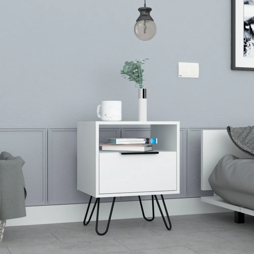 Nightstand 22"H, One Open Shelf, Single Door Cabient, Hairpin Legs, White