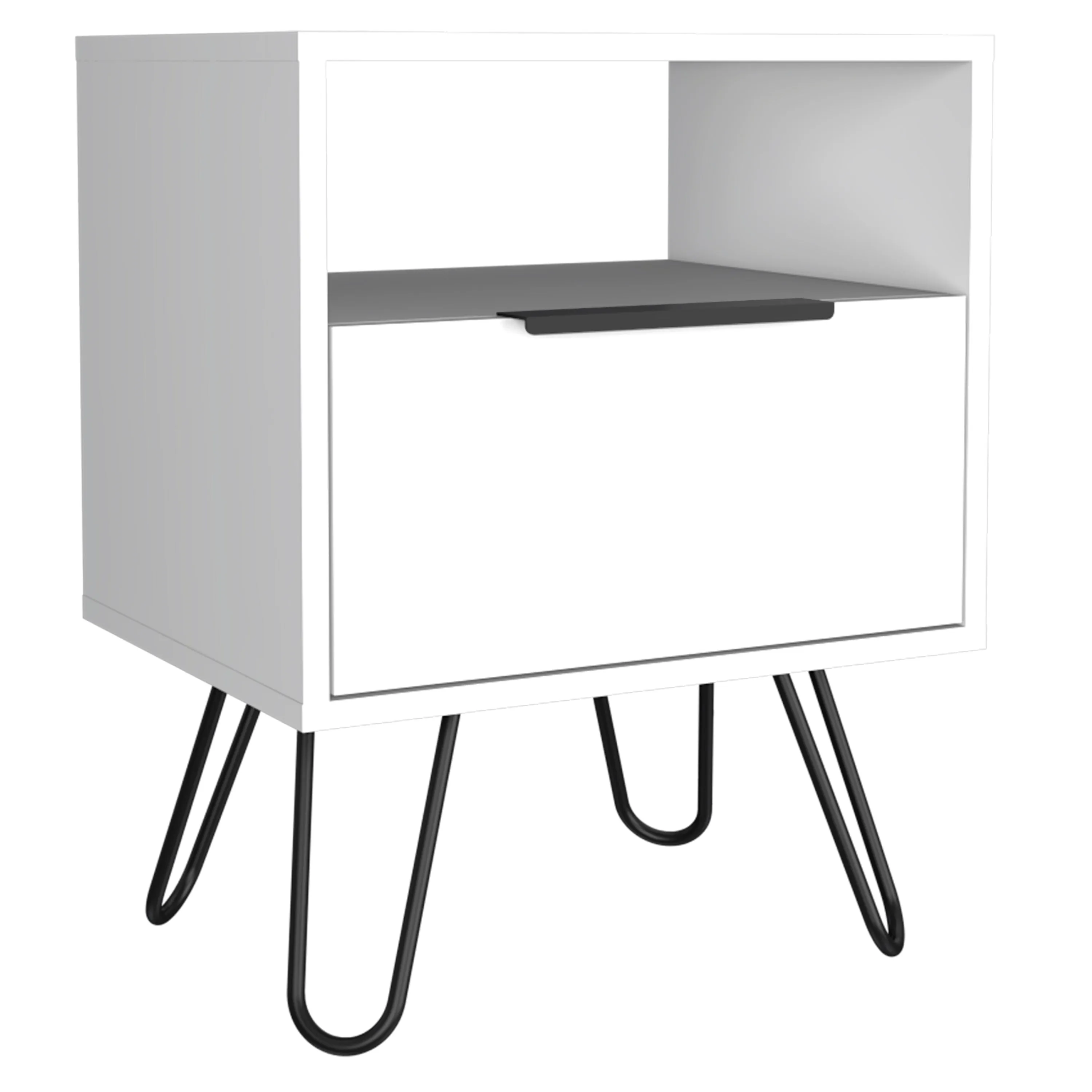 Nightstand 22"H, One Open Shelf, Single Door Cabient, Hairpin Legs, White