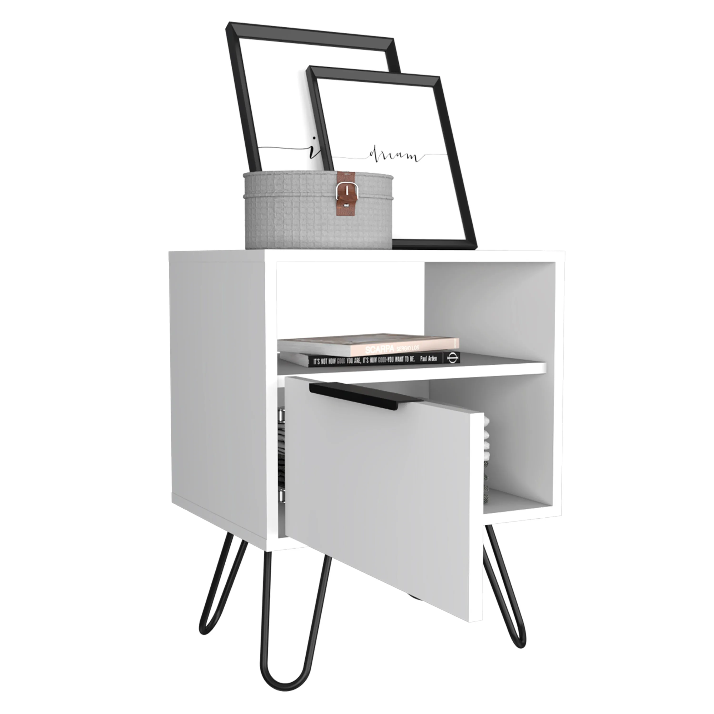 Nightstand 22"H, One Open Shelf, Single Door Cabient, Hairpin Legs, White