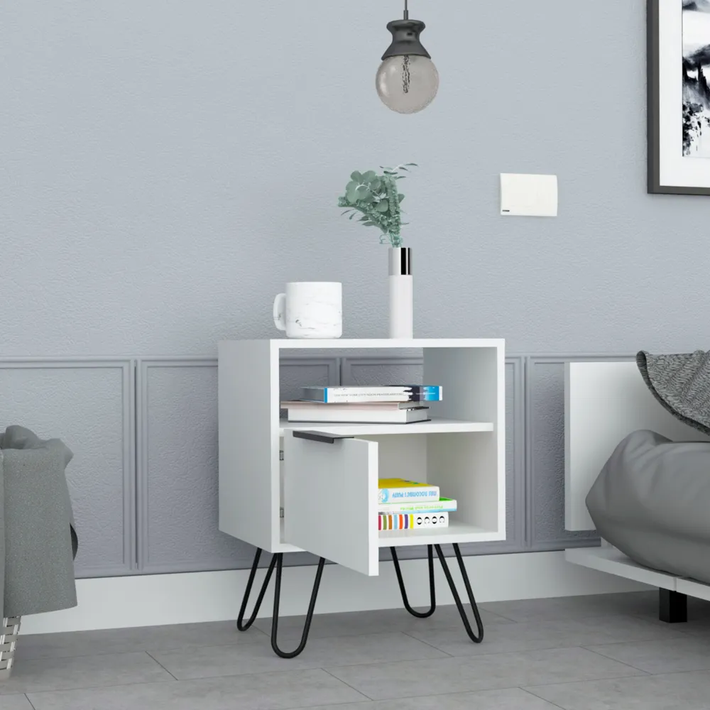 Nightstand 22"H, One Open Shelf, Single Door Cabient, Hairpin Legs, White