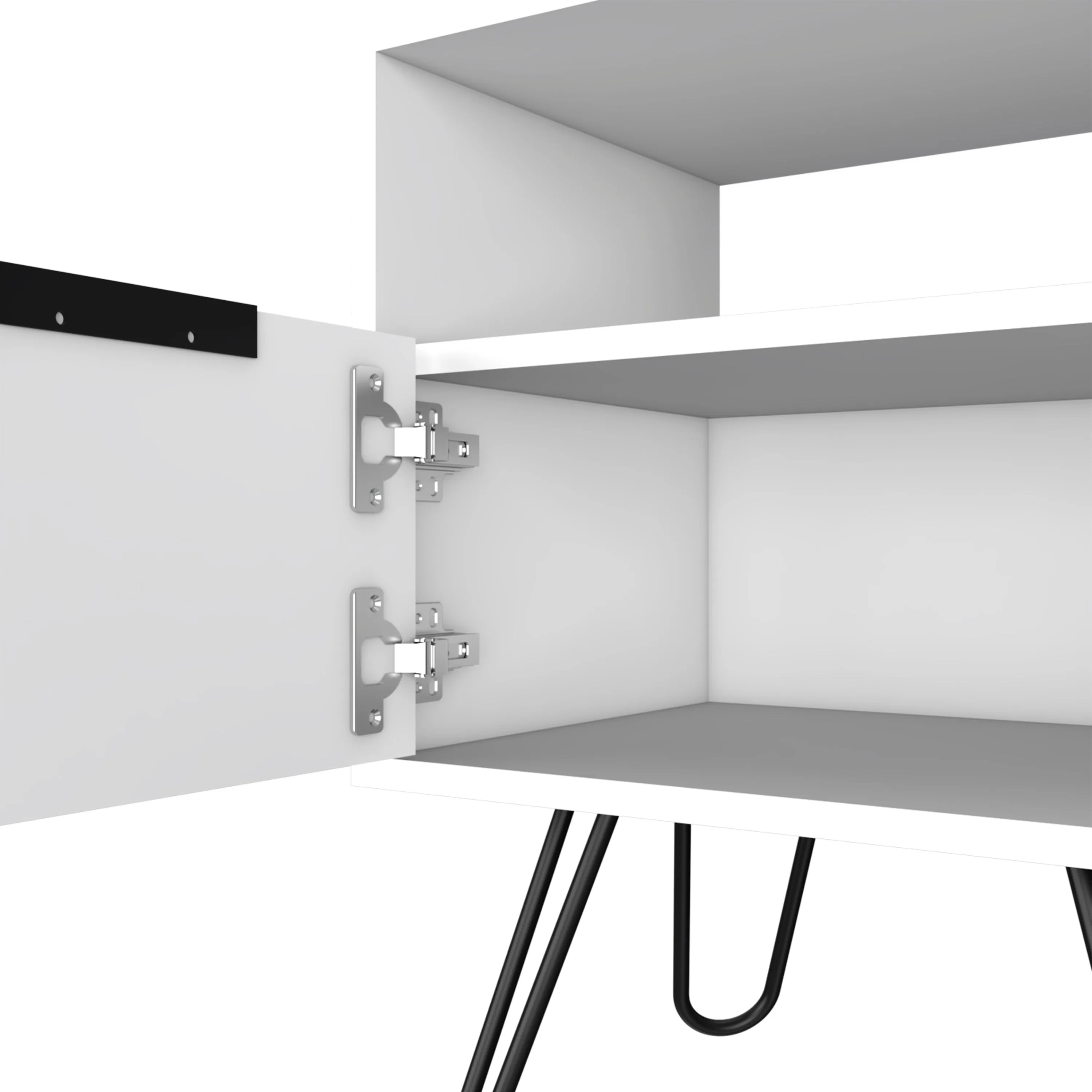 Nightstand 22"H, One Open Shelf, Single Door Cabient, Hairpin Legs, White