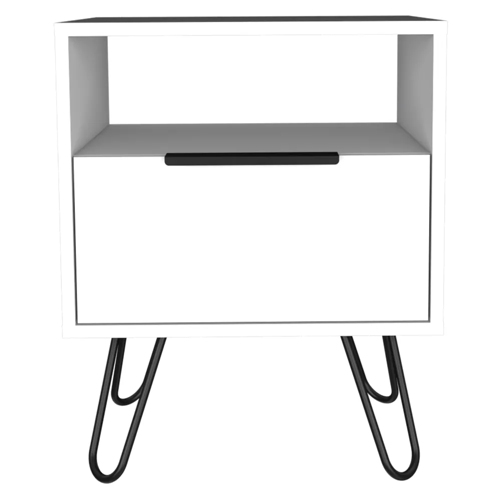 Nightstand 22"H, One Open Shelf, Single Door Cabient, Hairpin Legs, White