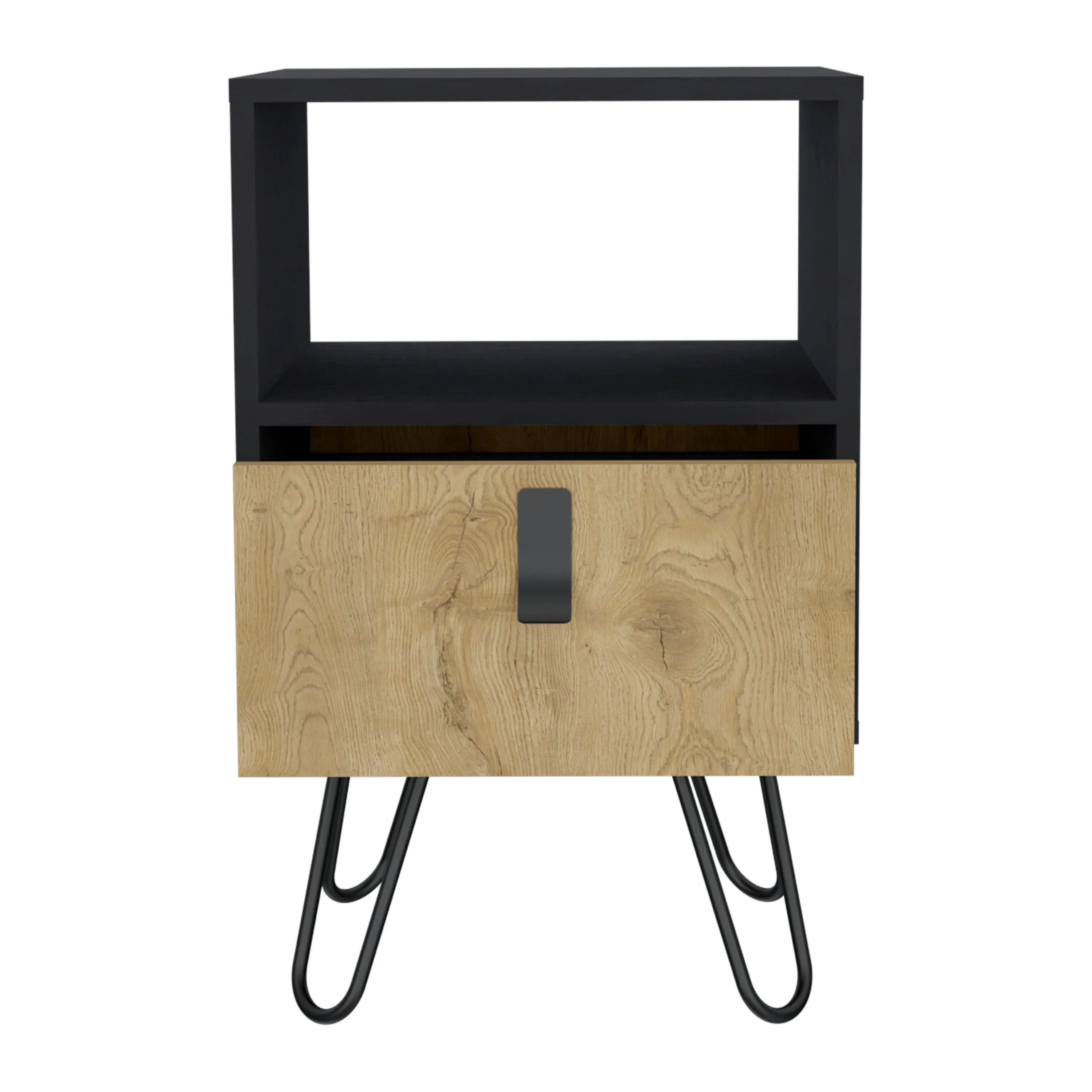 Nightstand 24"H , Sleek Design with Hairpin Legs and One Drawer, Black / Macadamia