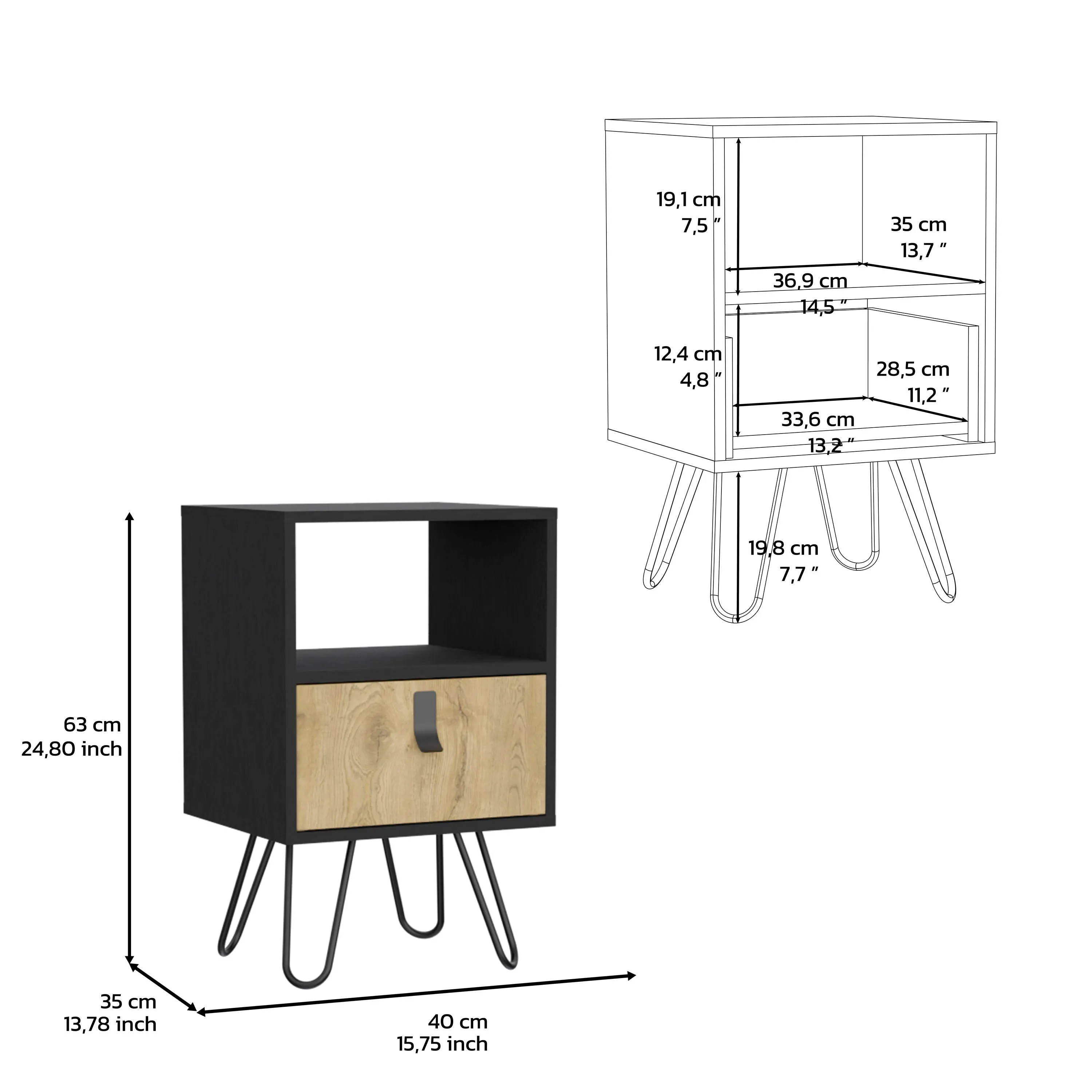 Nightstand 24"H , Sleek Design with Hairpin Legs and One Drawer, Black / Macadamia