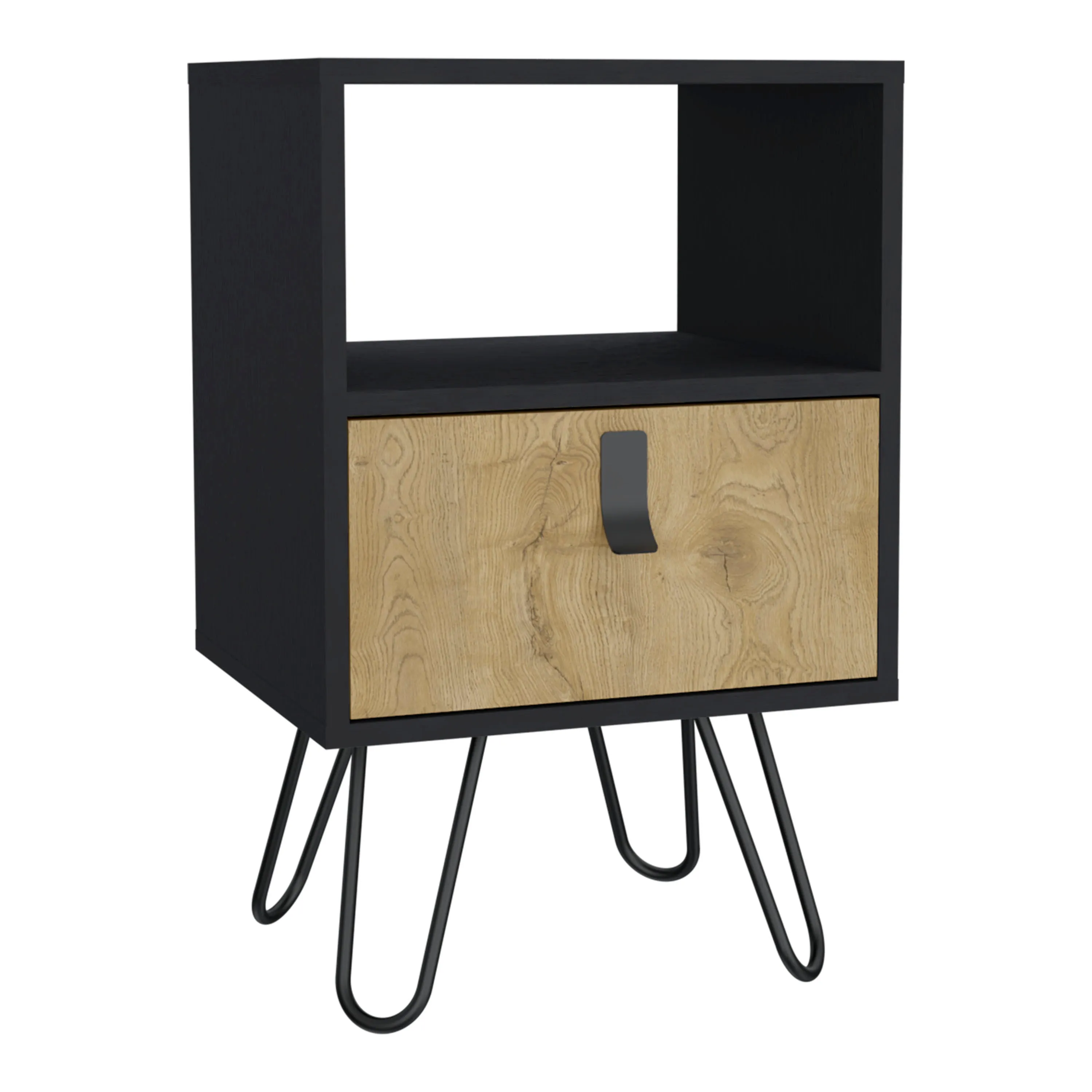 Nightstand 24"H , Sleek Design with Hairpin Legs and One Drawer, Black / Macadamia