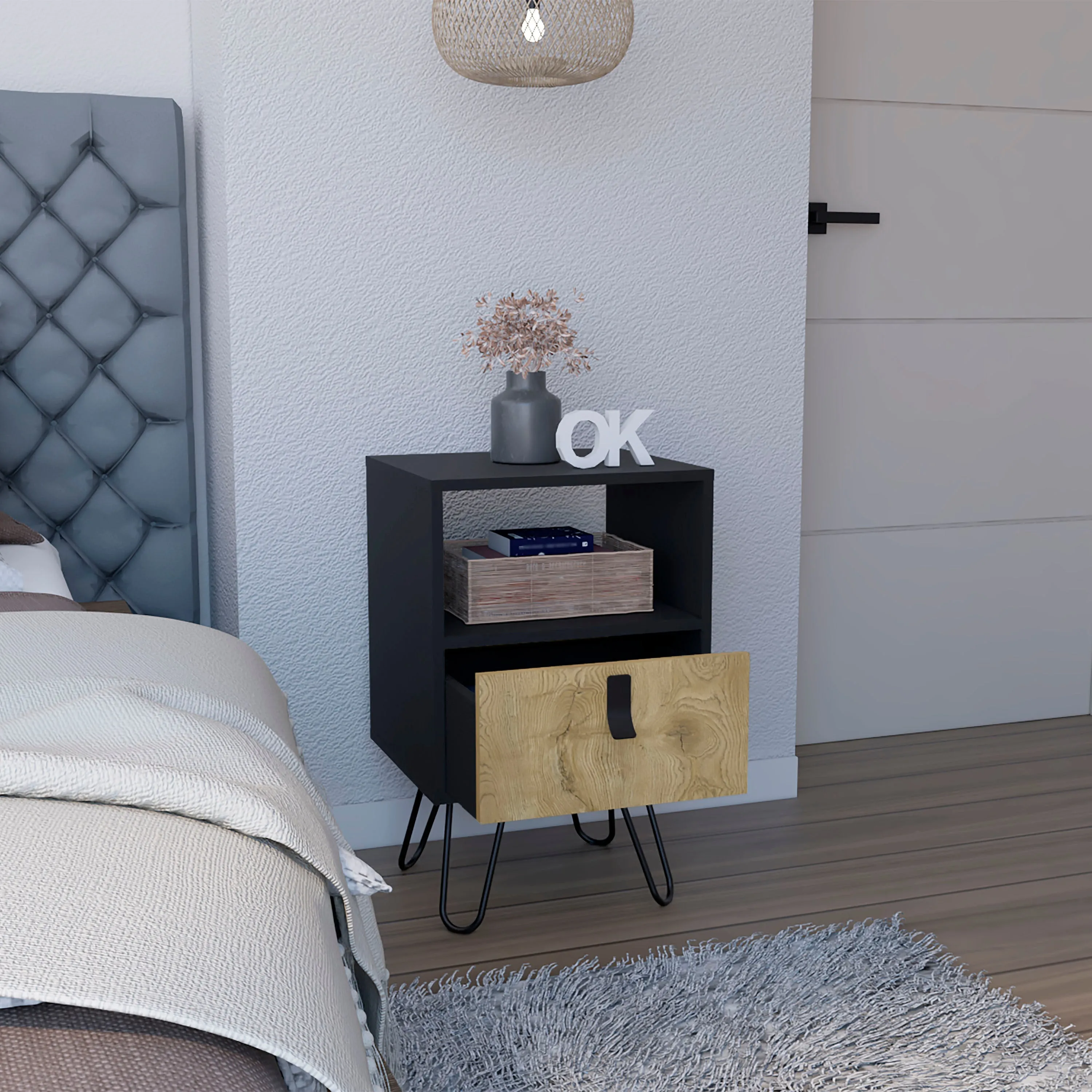 Nightstand 24"H , Sleek Design with Hairpin Legs and One Drawer, Black / Macadamia
