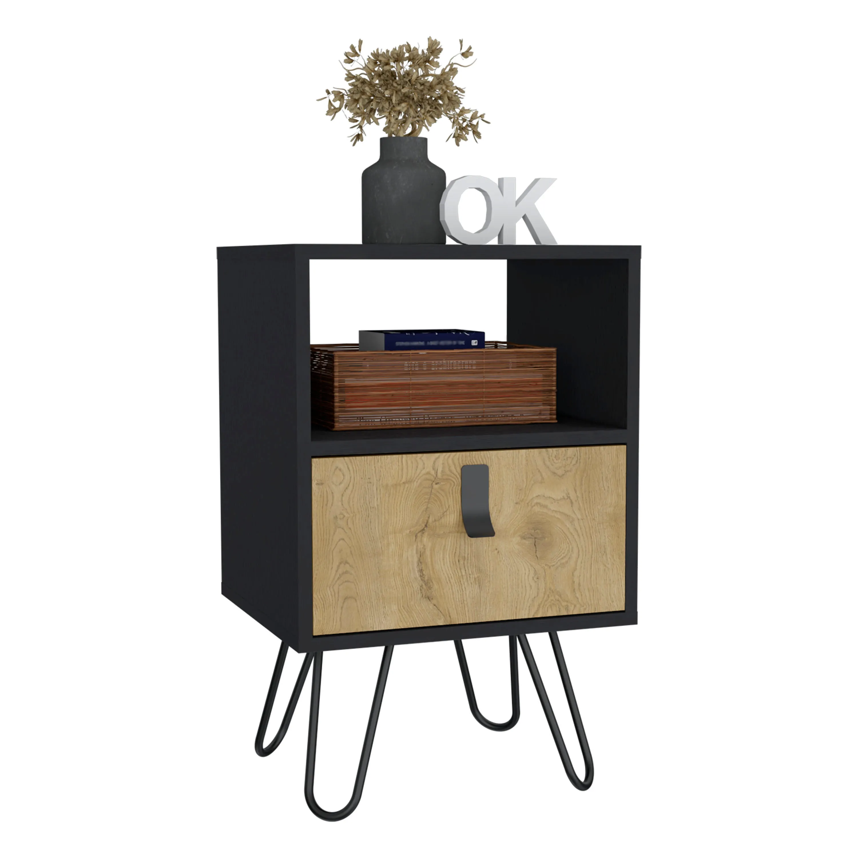 Nightstand 24"H , Sleek Design with Hairpin Legs and One Drawer, Black / Macadamia
