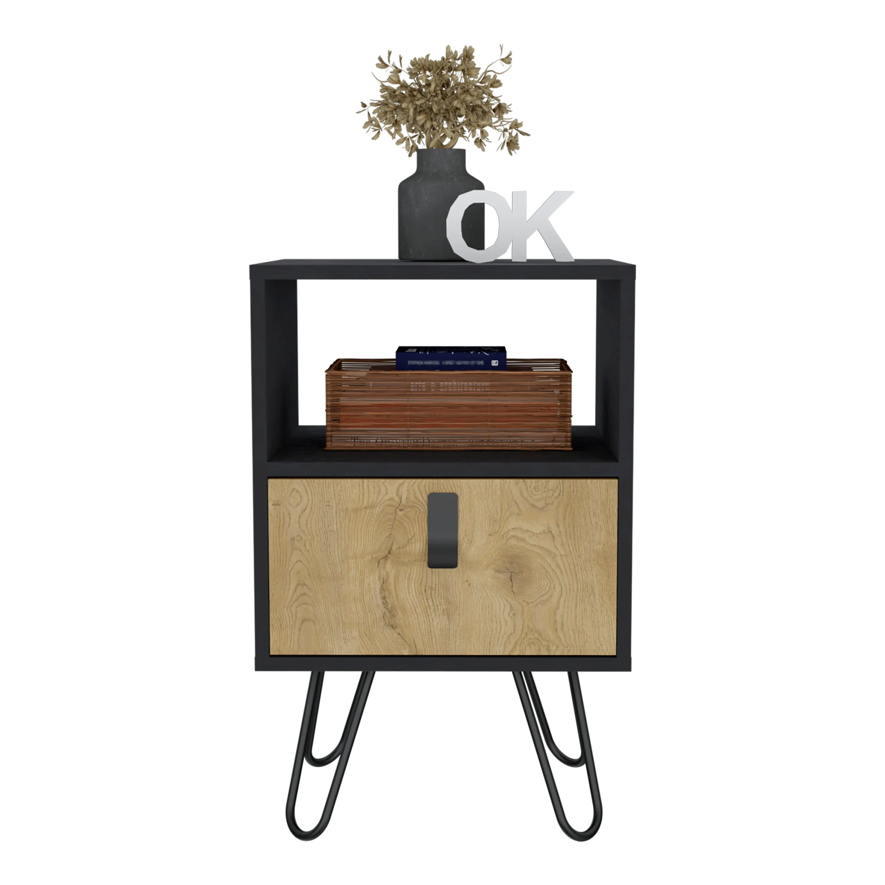 Nightstand 24"H , Sleek Design with Hairpin Legs and One Drawer, Black / Macadamia