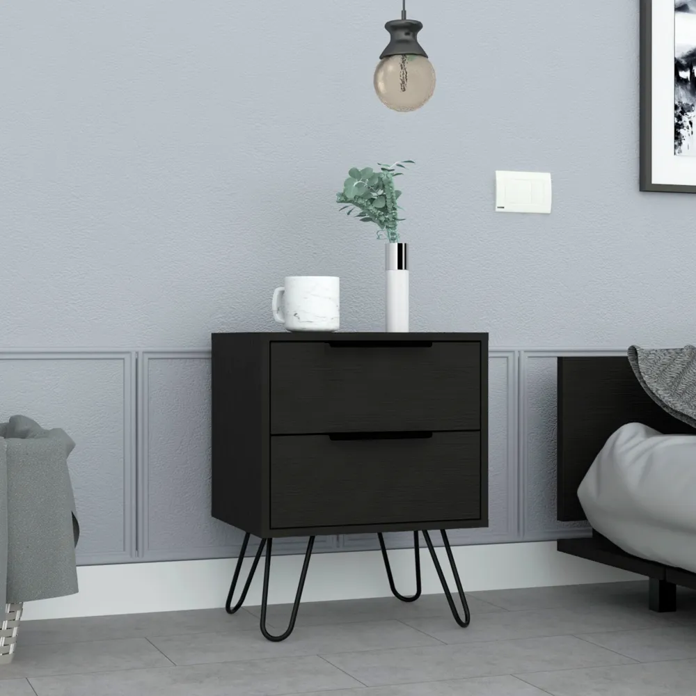 Nightstand, Hairpin Legs, Two Drawers, Black