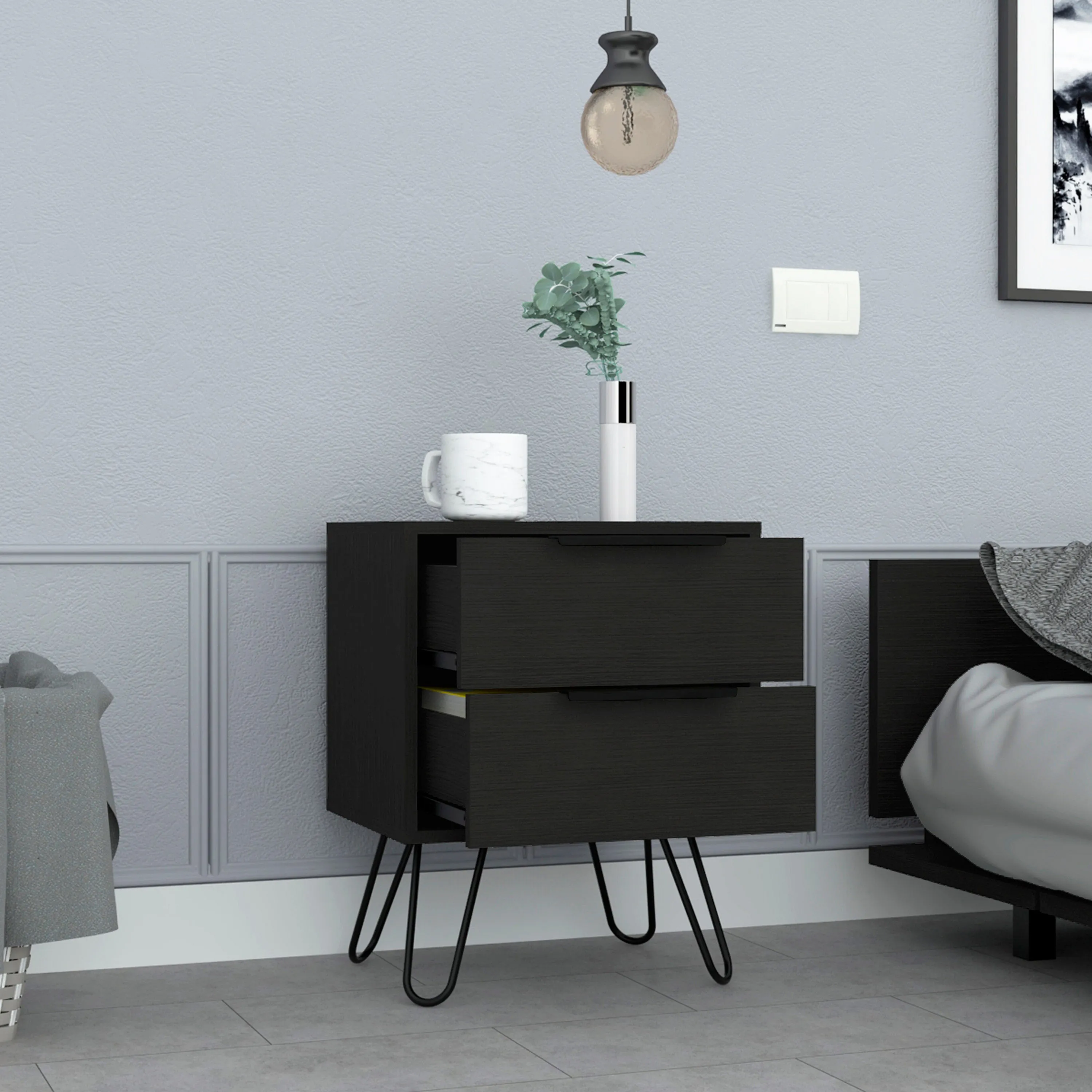 Nightstand, Hairpin Legs, Two Drawers, Black