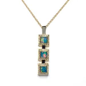 Opal Pendant 3 Square Inlaid Design with .43ctw Round Diamonds Halo