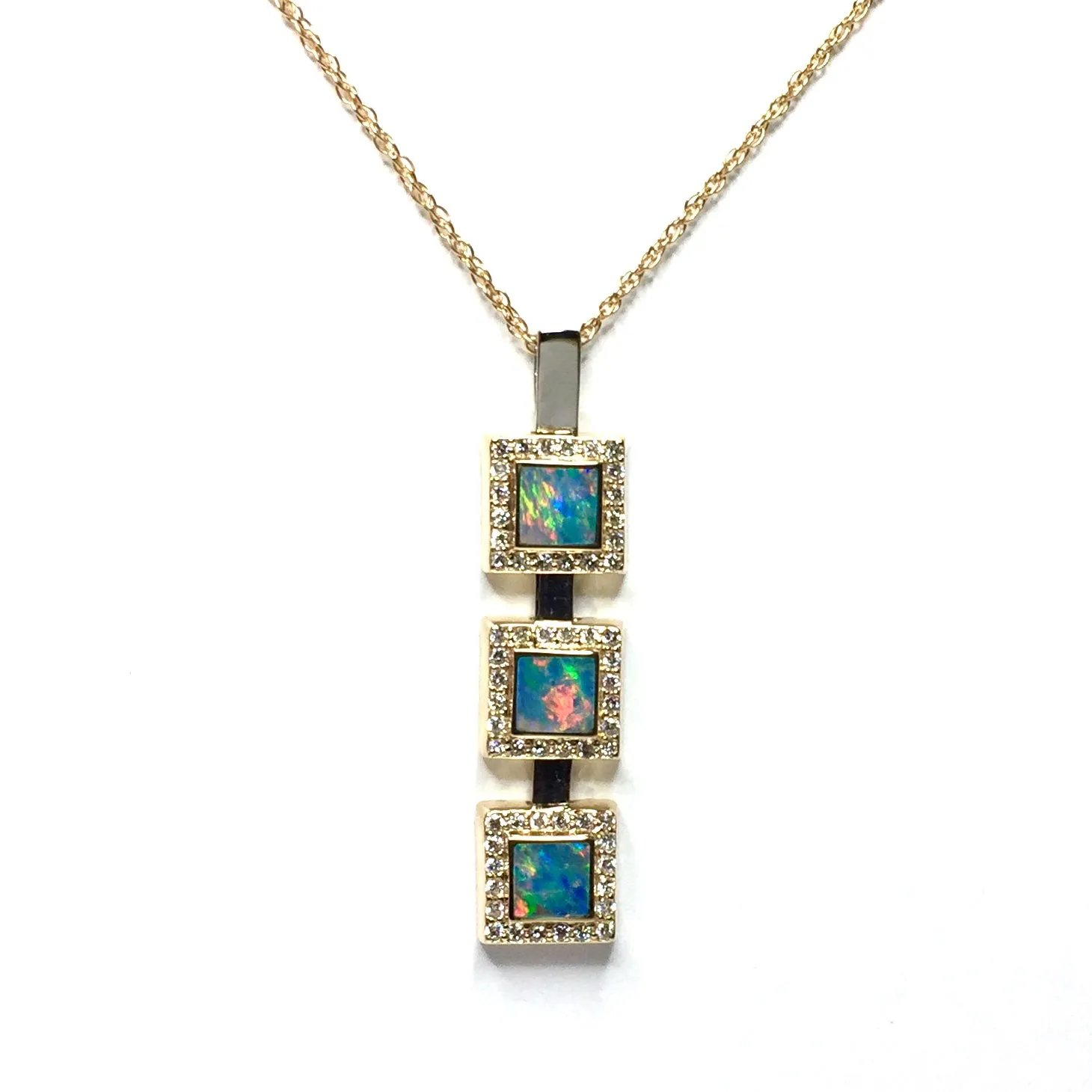 Opal Pendant 3 Square Inlaid Design with .43ctw Round Diamonds Halo
