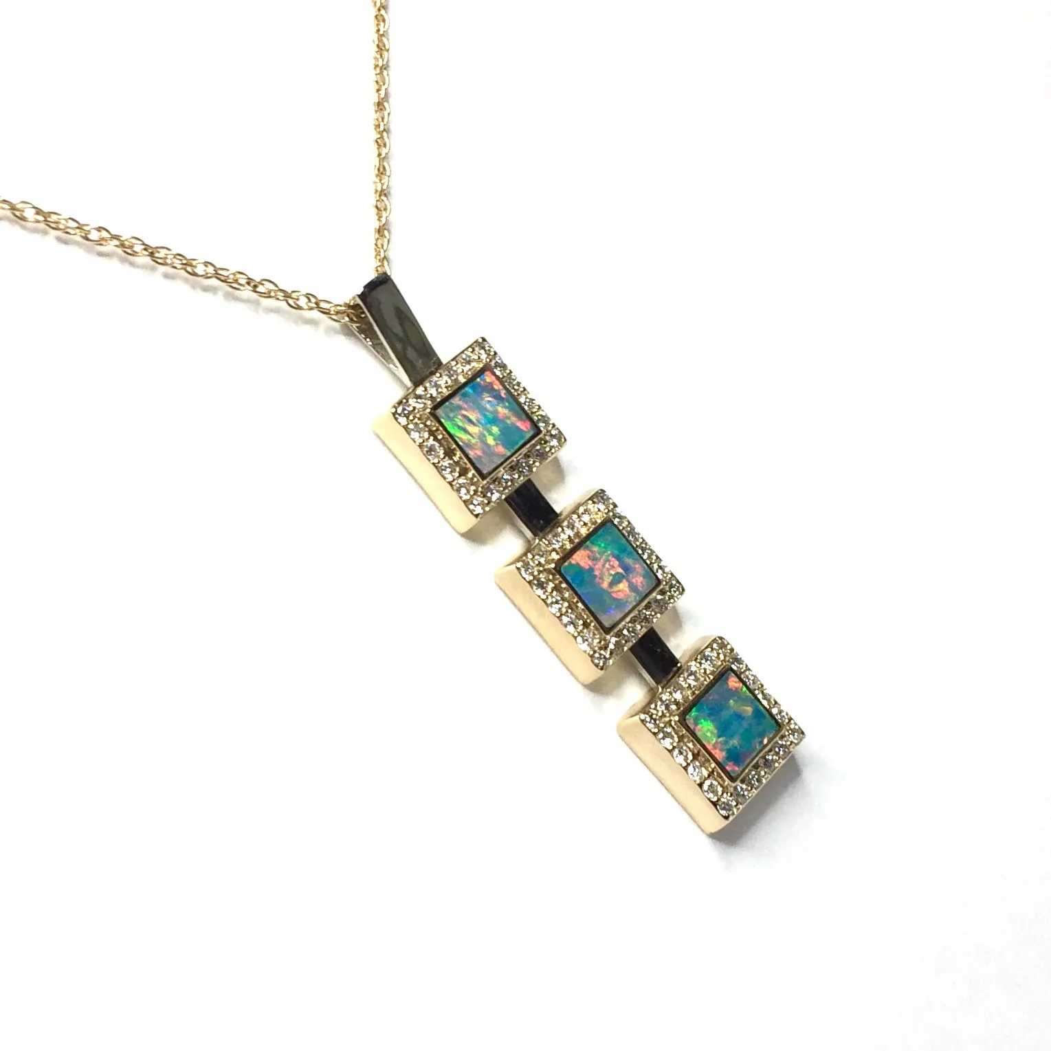 Opal Pendant 3 Square Inlaid Design with .43ctw Round Diamonds Halo
