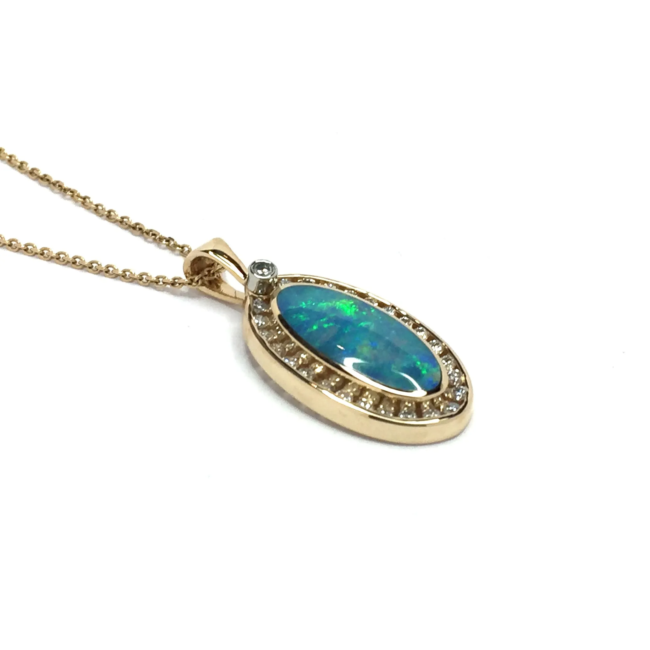 Opal Pendant Oval Inlaid Design with .37ctw Round Diamonds Halo