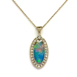 Opal Pendant Oval Inlaid Design with .37ctw Round Diamonds Halo